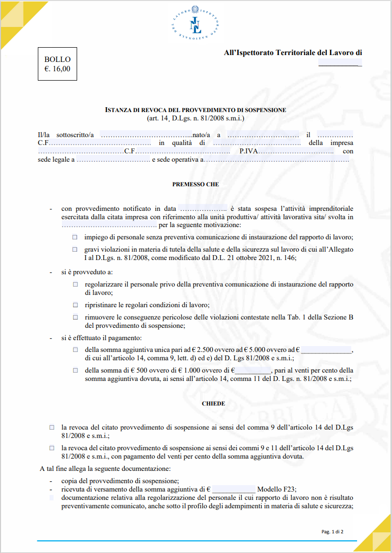 Istanza di revoca provvedimento di sospensione dell’attività imprenditoriale