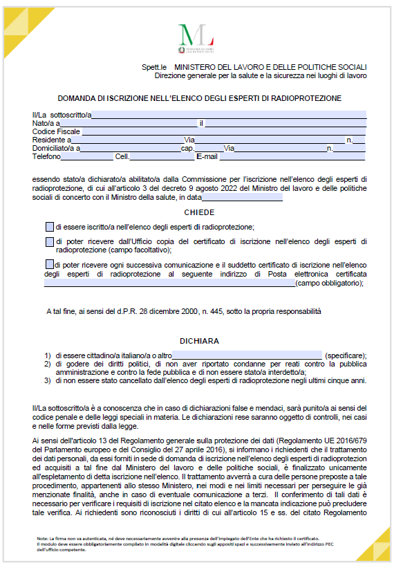Modulo domanda iscrizione elenco medici autorizzati 2023