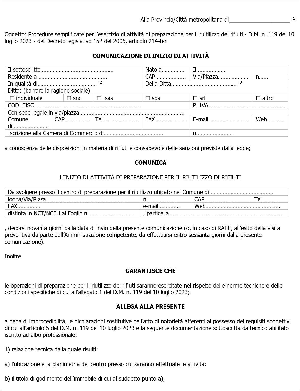 Modello di comunicazionie inizio attivit preparazione per il riutilizzo di rifiuti Modello di comunicazionie inizio attivit preparazione per il riutilizzo di rifiuti