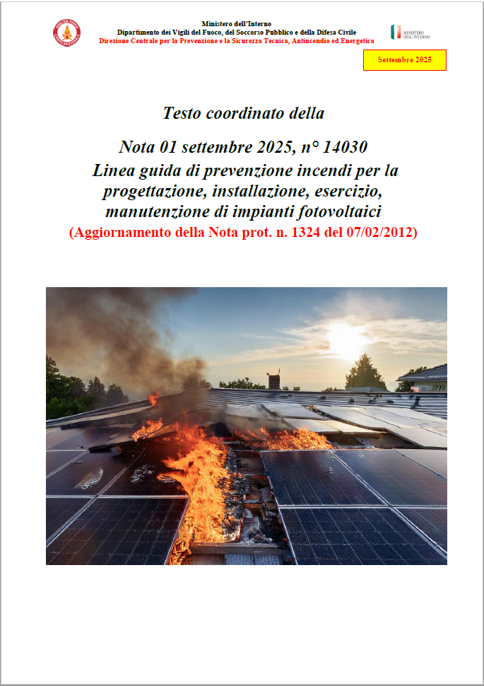 Testo coordinato VVF Nota 01 settembre 2025 n. 14030 / Linea guida PI impianti fotovoltaici