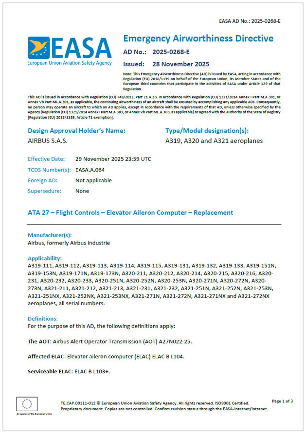 Emergency Airworthiness Directive EASA 28 November 2025