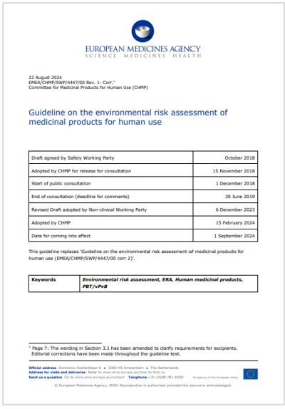 Guideline on the environmental risk assessment (ERA) of medicinal products for human use / EMA