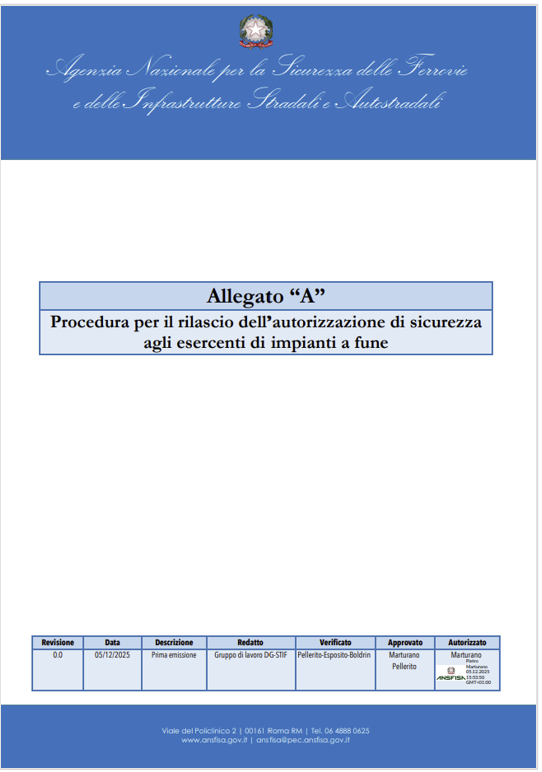 Decreto ANSIFA n. 0000260 del 17 dicembre 2025 /&nbsp;Modalit&agrave;&nbsp; rilascio autorizzazioni di sicurezza (AdS) esercenti sistemi di trasporto a fune