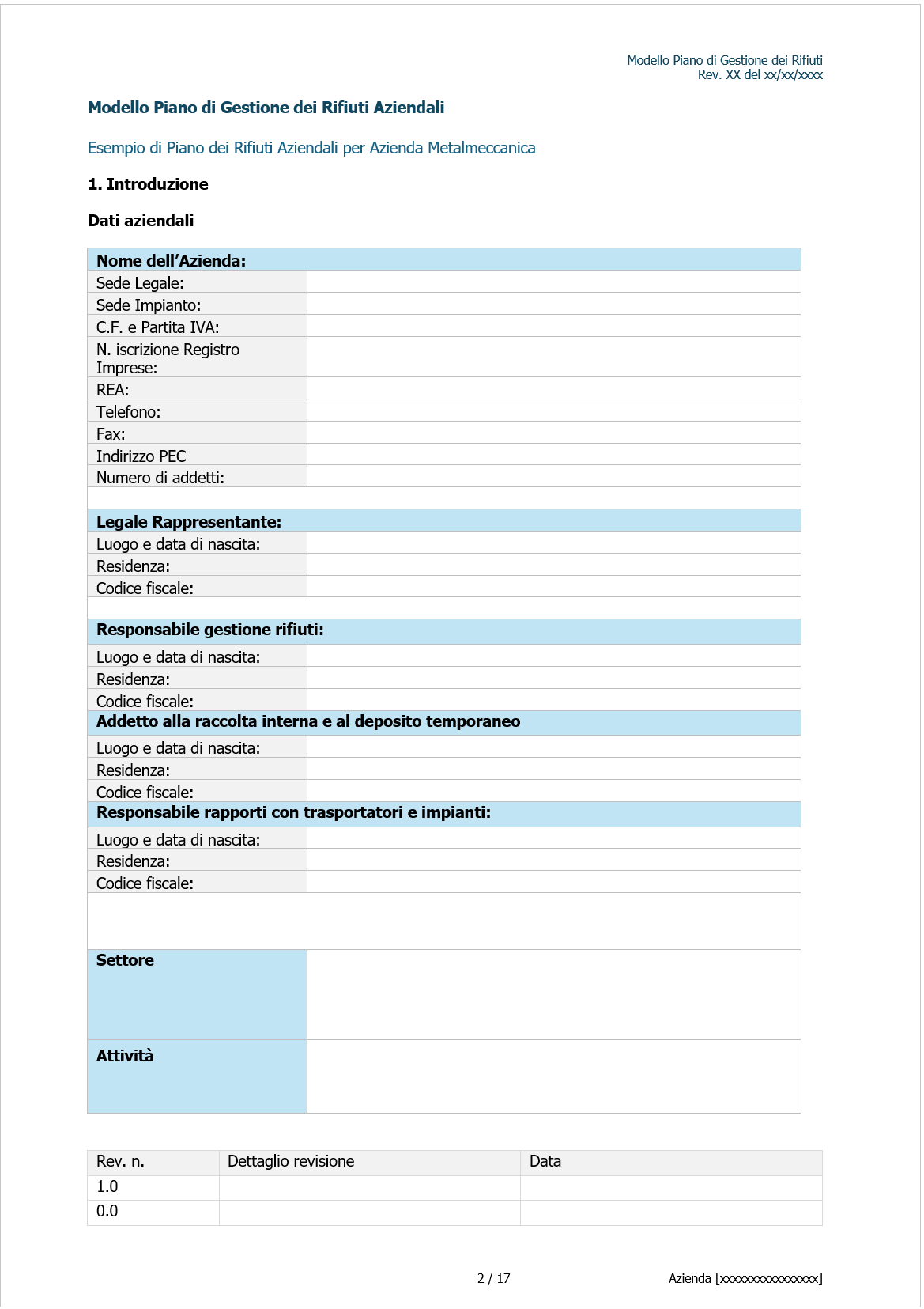 Modello Gestione di Piano di gestione rifiuti in azienda formato introduzione