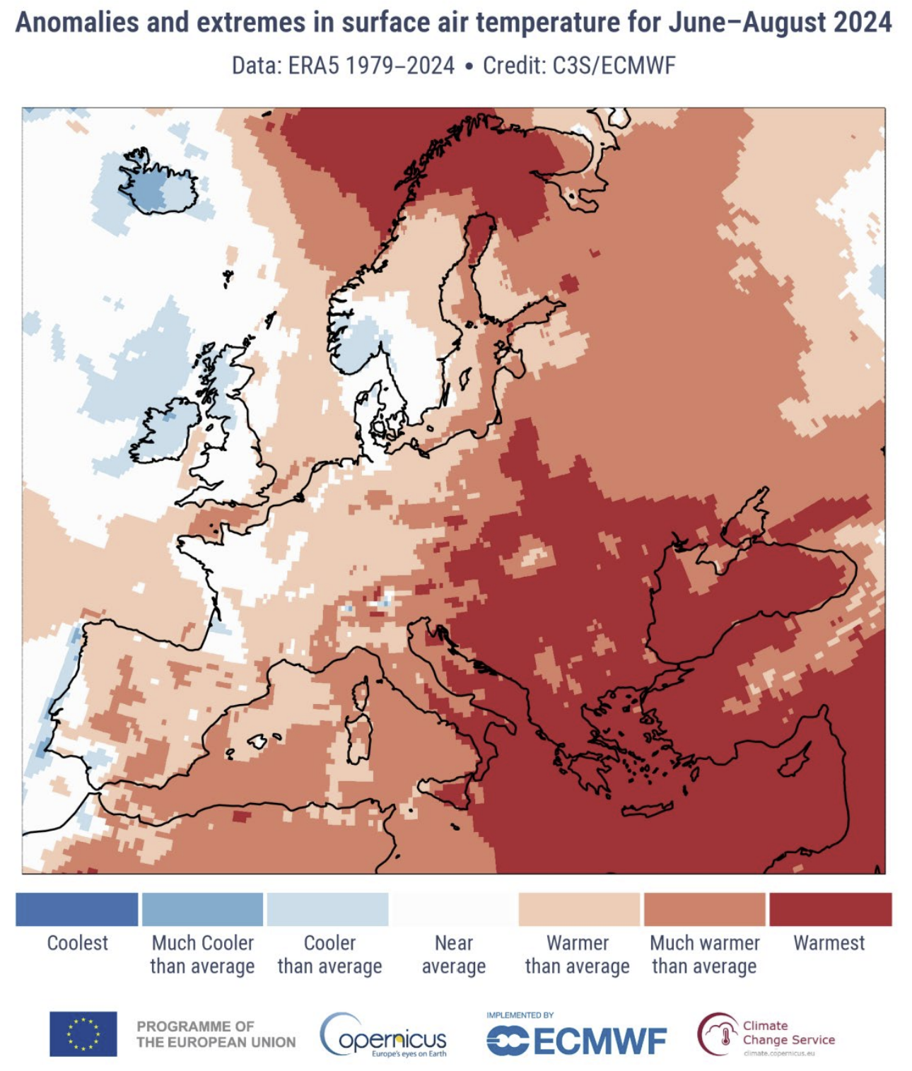 Figura 1. Anomalie di temperatura per il periodo estivo (giugno-agosto) 2024 rispetto al riferimento climatico 1991-2020.