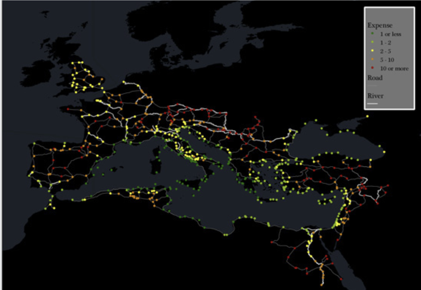 Figure 4. A cost distribution map, with the geography of the Mediterranean world maintained but the sites colored by the cost (via all modes) of shipping grain from that site to Rome.