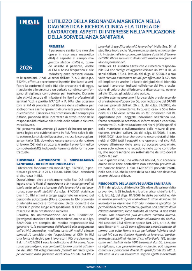 Risonanza magnetica | Diagnostica e ricerca clinica e tutela dei lavoratori