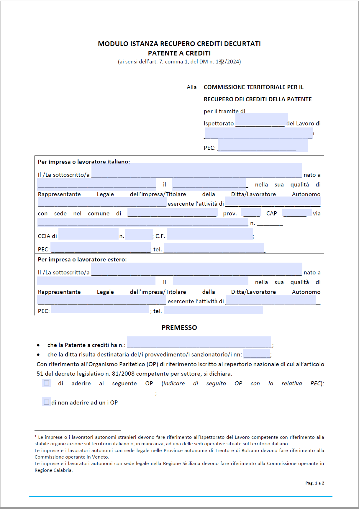 Modulo istanza per il recupero dei crediti della Patente a Crediti (PAC)