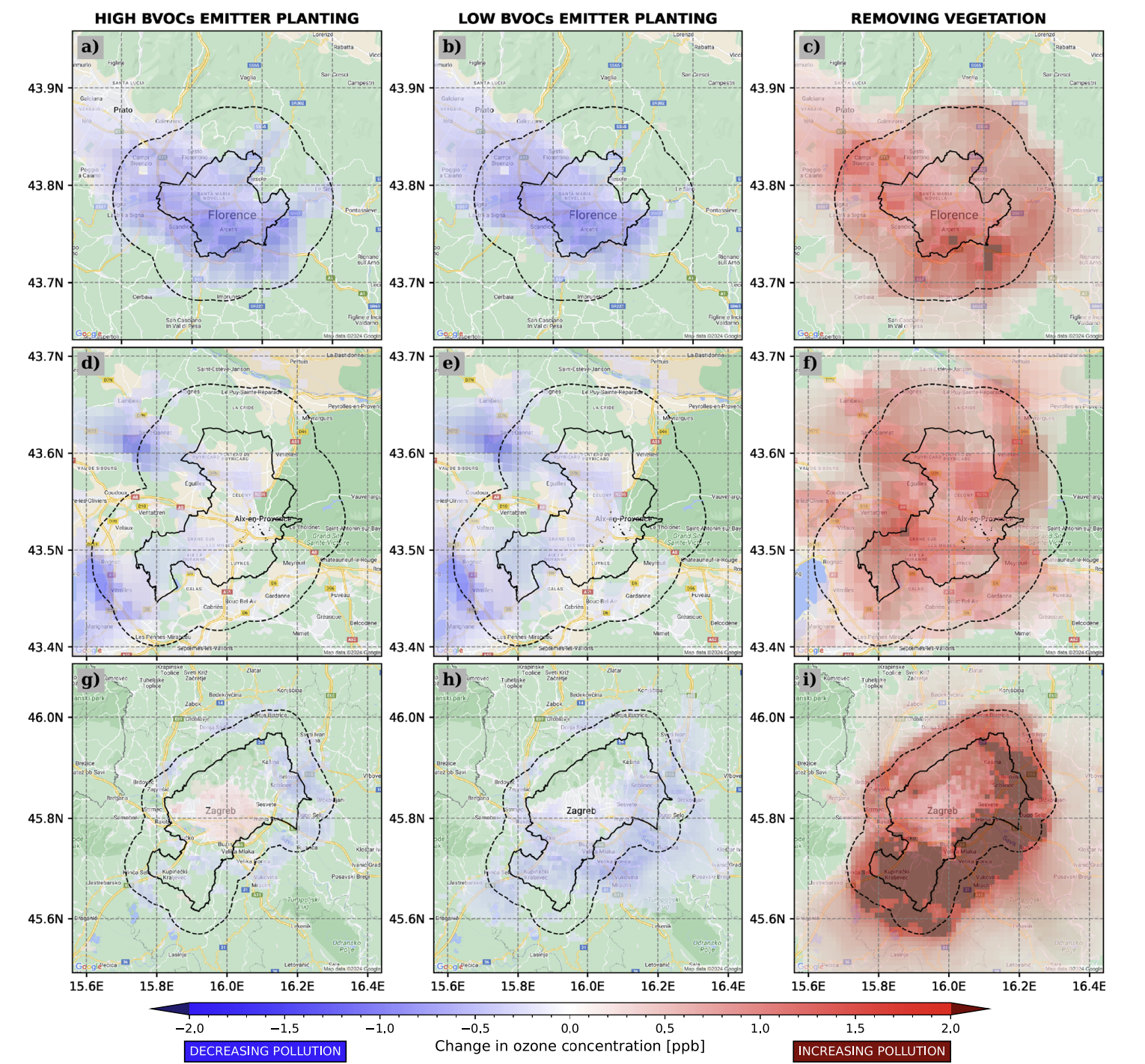Fig. 2 | Changes in surface O3 concentration considering different tree planting scenarios Fig. 2 | Changes in surface O3 concentration considering different tree planting scenarios