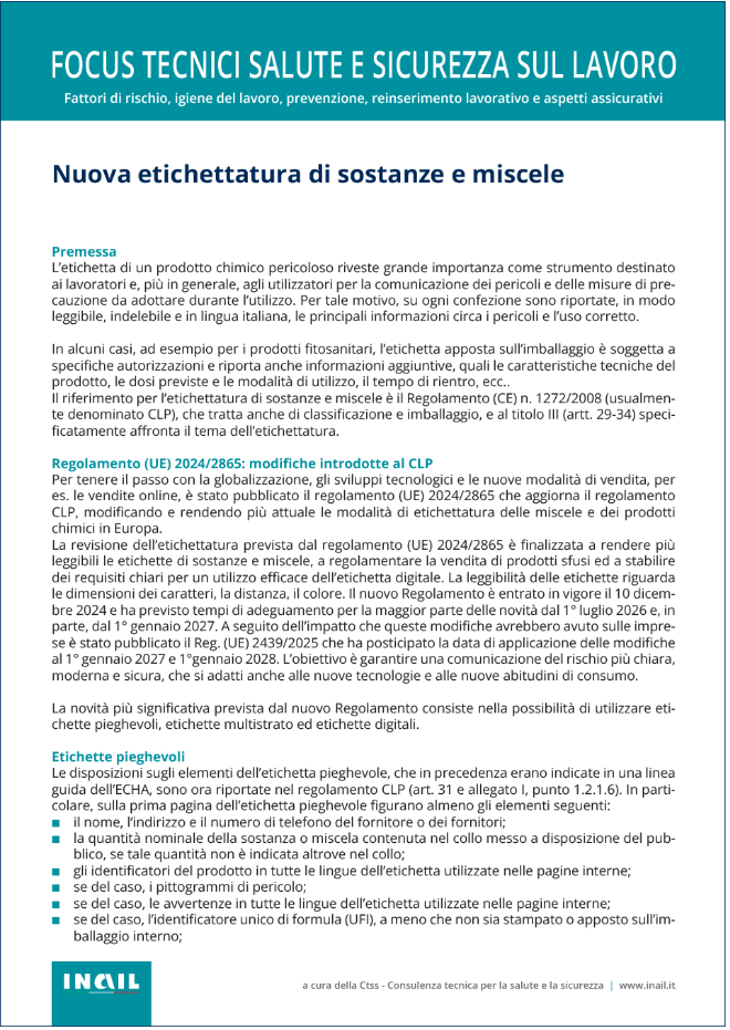 Nuova etichettatura di sostanze e miscele / INAIL 2026