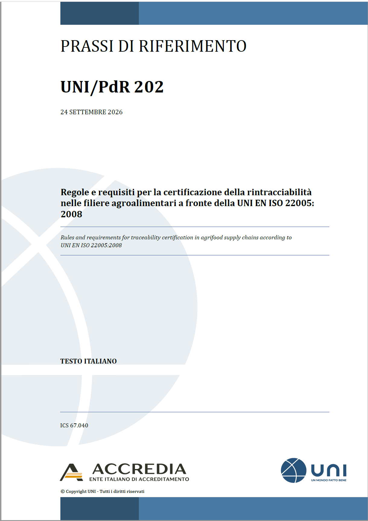 UNI/PdR 202:2026 / Certificazione rintracciabilità nelle filiere agroalimentari