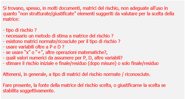 Stima del rischio   scelta matrici del rischio   Box 2