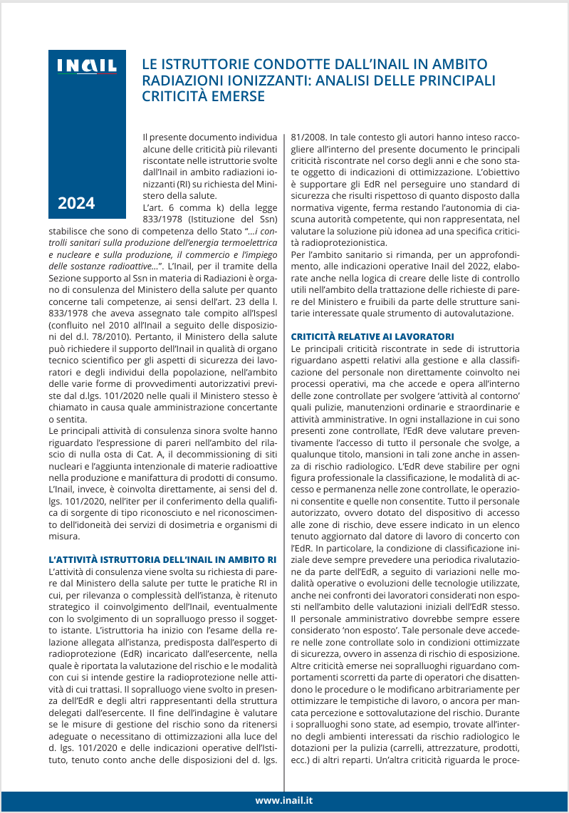 Le istruttorie condotte dall Inail in ambito radiazioni ionizzanti