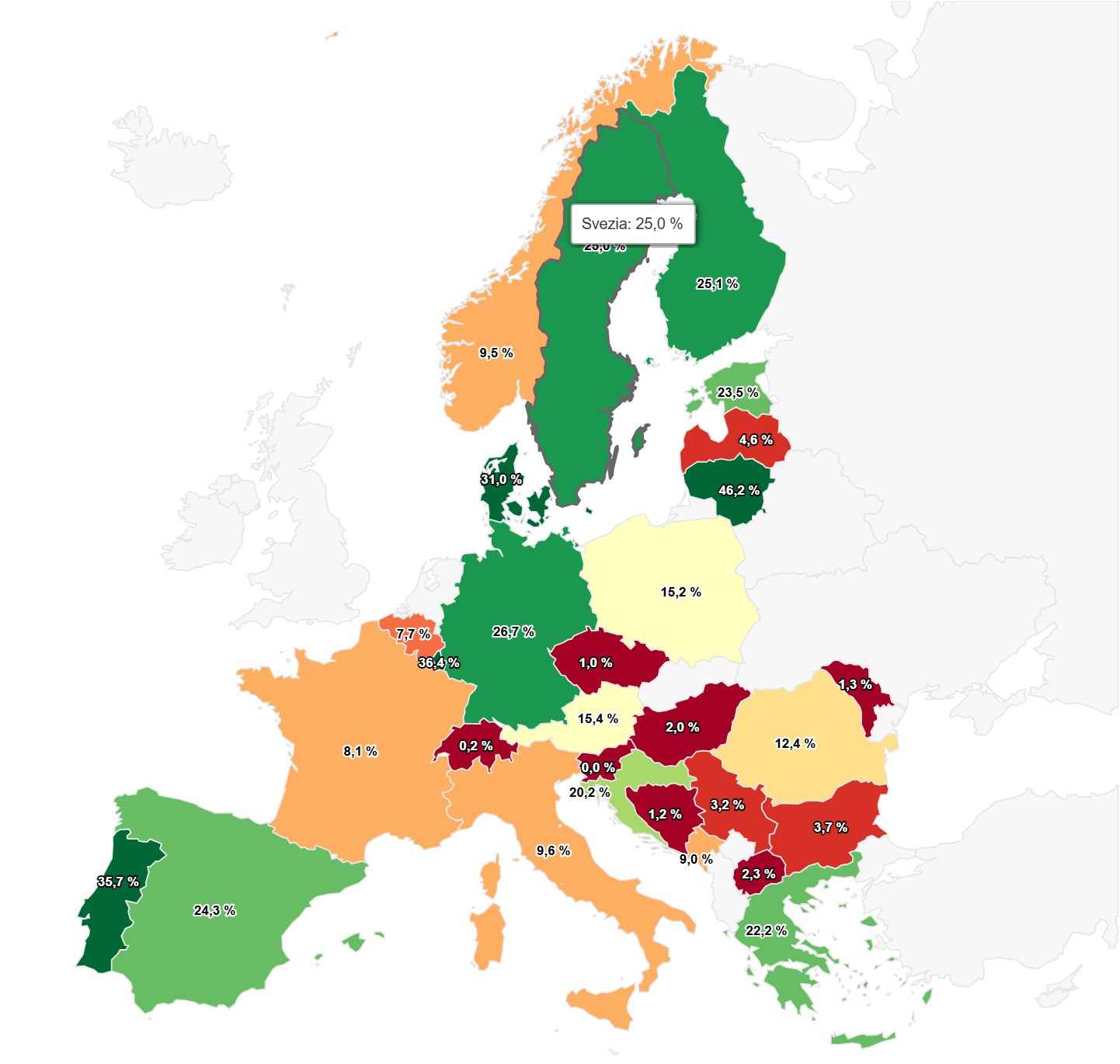 Quota di eolico onshore del produzione di energia elettrica pubblica in 2024