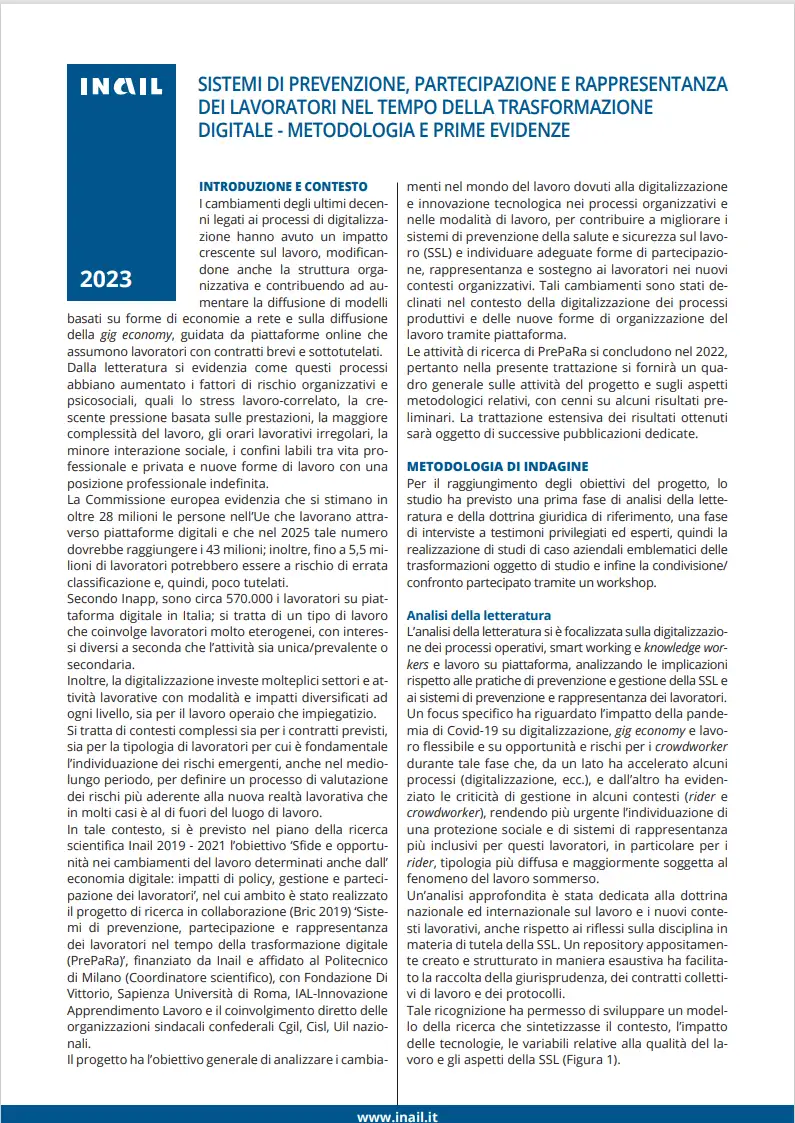 Sistemi di prevenzione partecipazione e rappresentanza dei lavoratori Sistemi di prevenzione partecipazione e rappresentanza dei lavoratori