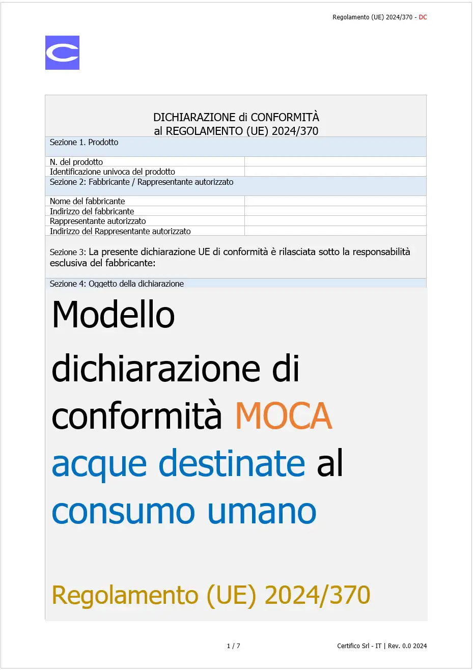 Modello Dichiarazione di conformit MOCA acque destinate al consumo umano Modello Dichiarazione di conformit MOCA acque destinate al consumo umano